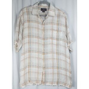 Toscano Mens Button Up Shirt Off White Tan Plaid 100% Linen Summer Lightweight